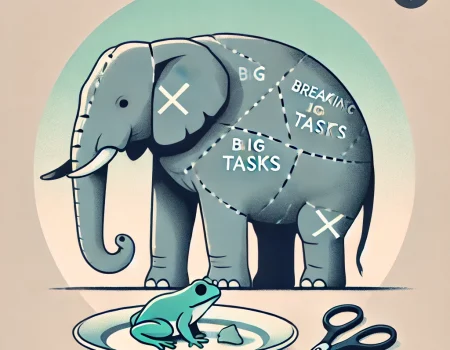 DALL·E 2024-08-14 17.31.08 - A podcast cover illustration featuring a large elephant with sections marked for cutting, symbolizing breaking down big tasks, and a small frog sittin